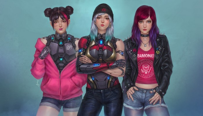 Three punk cyberpunk women with cybernetic arms