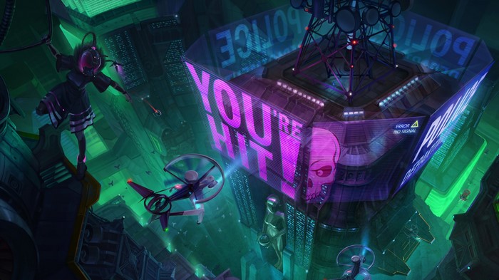Cyberpunk Cityscape with Holographic Display and Drones