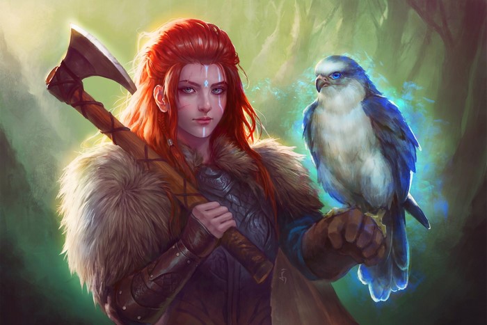 Fantasy girl with axe and falcon in forest