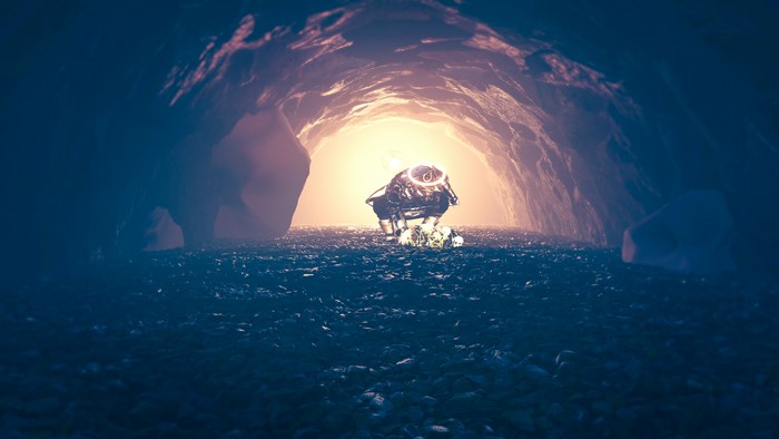 Robot in a cave with glowing light
