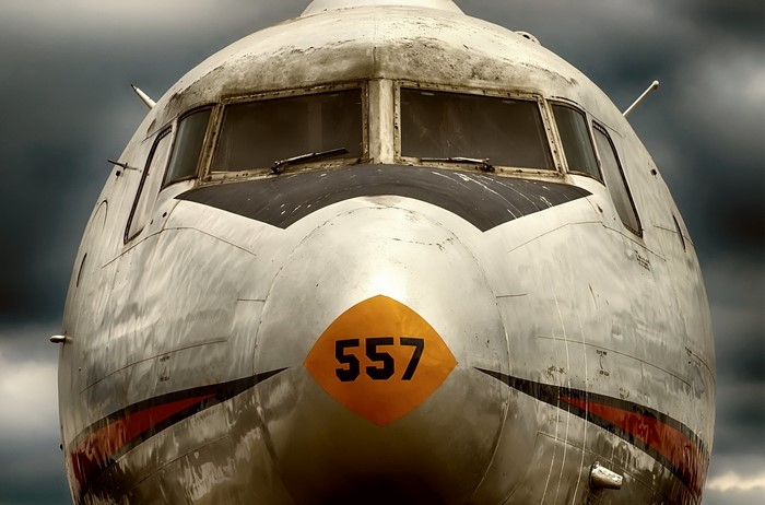 Close-up of an old aircraft nose with number 557