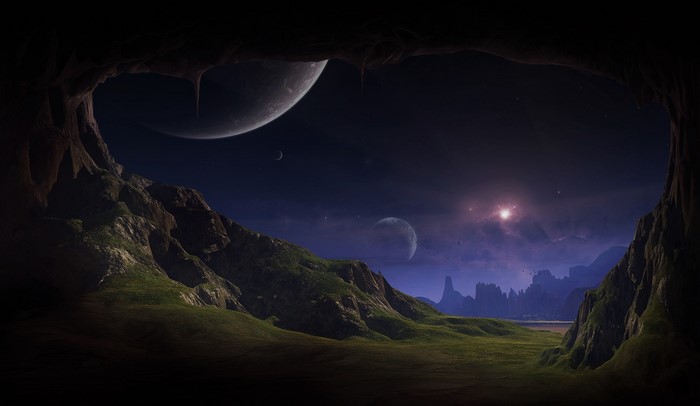 Alien landscape viewed from a cave with planets in the sky