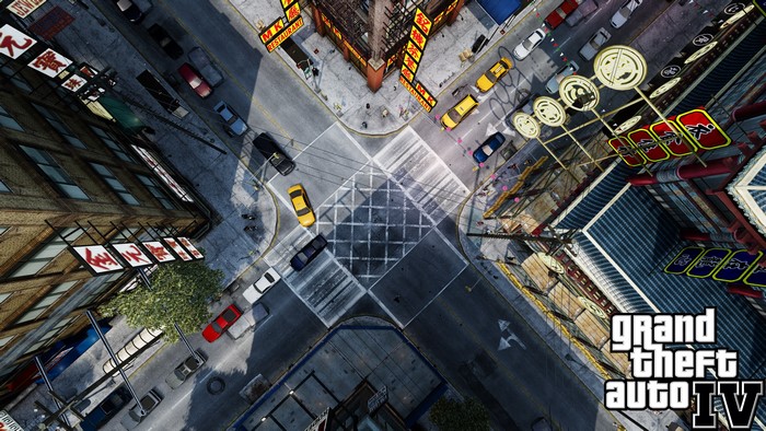 GTA 4 intersection with cars and buildings