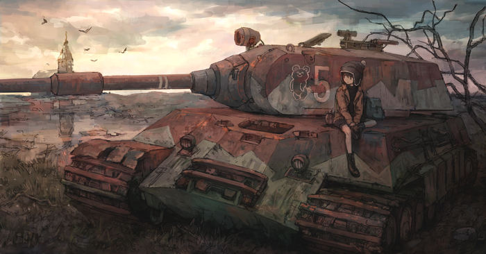 Anime girl sitting on a tank with a teddy bear emblem