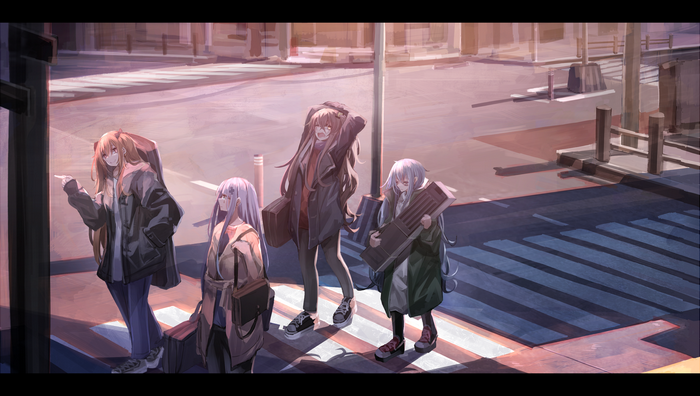 Girls from Girls' Frontline at a crosswalk