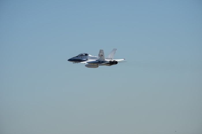 NASA F-18 Hornet aircraft in flight
