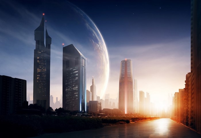 Futuristic cityscape with a planet in the sky