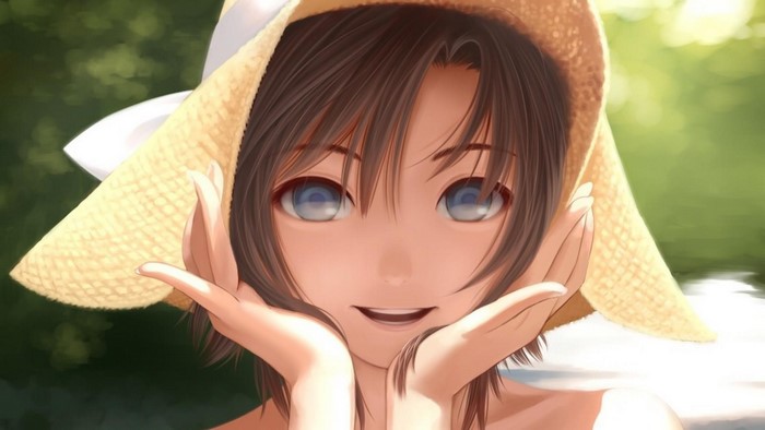 Anime girl with brown hair and blue eyes wearing a straw hat