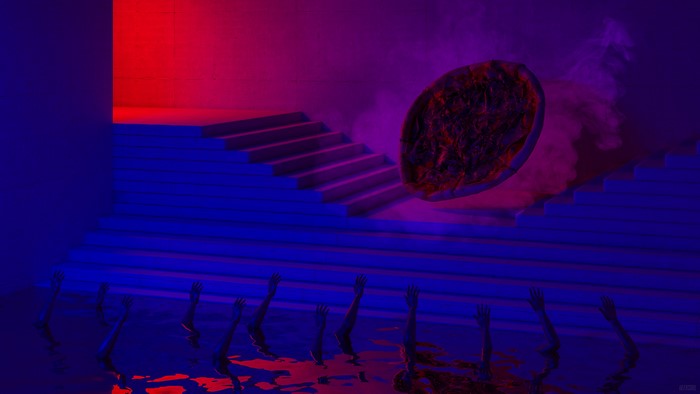 Cultists' hands emerge from water near stairs with a pizza