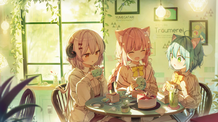 Anime girls enjoying cake and tea in a cafe