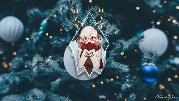 Anime girl with antlers and scarf on Christmas tree background