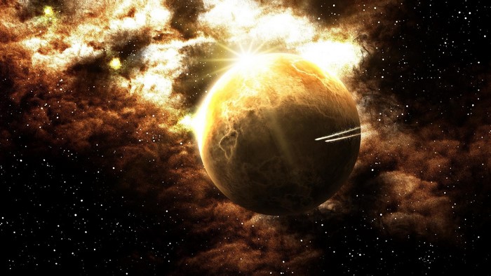Planet and nebula in outer space with stars