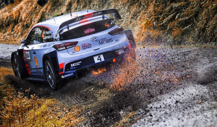 Hyundai i20 Rally Car Number 4 Drifting on Dirt Road