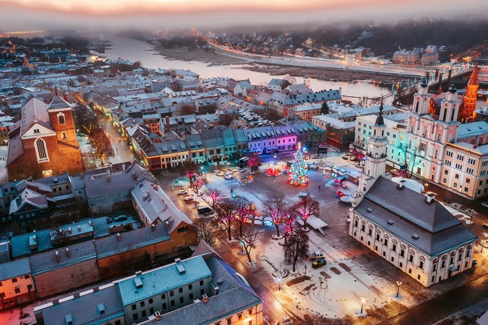 Kaunas, Lithuania cityscape in winter with Christmas tree