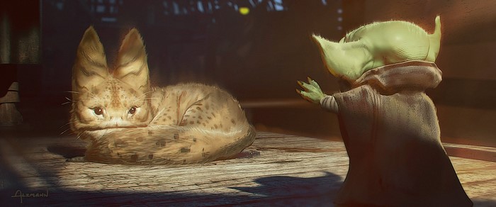 Grogu and a Serval from The Mandalorian concept art
