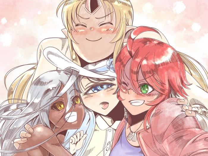Monster Musume no Iru Nichijou characters Zombina, Manako, Tionishia, and Suu
