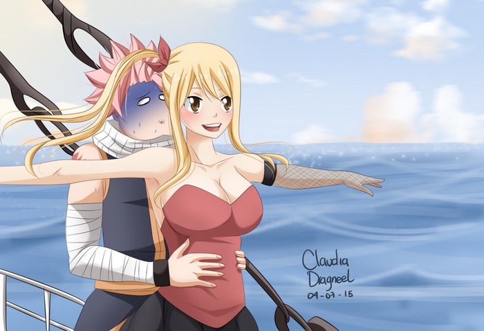 Lucy Heartfilia and Natsu Dragneel from Fairy Tail on a ship