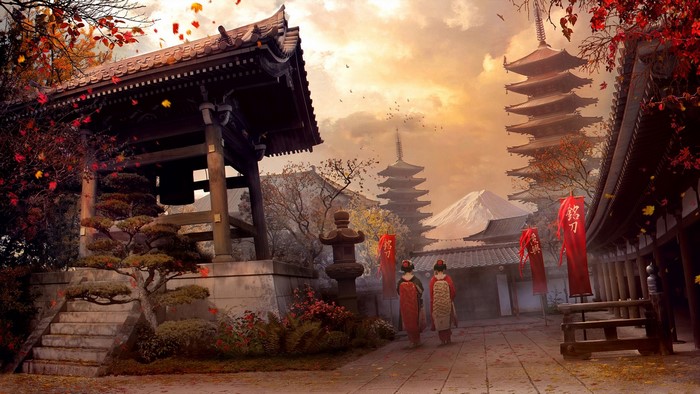Assassin's Creed fan art of a Japanese temple in autumn