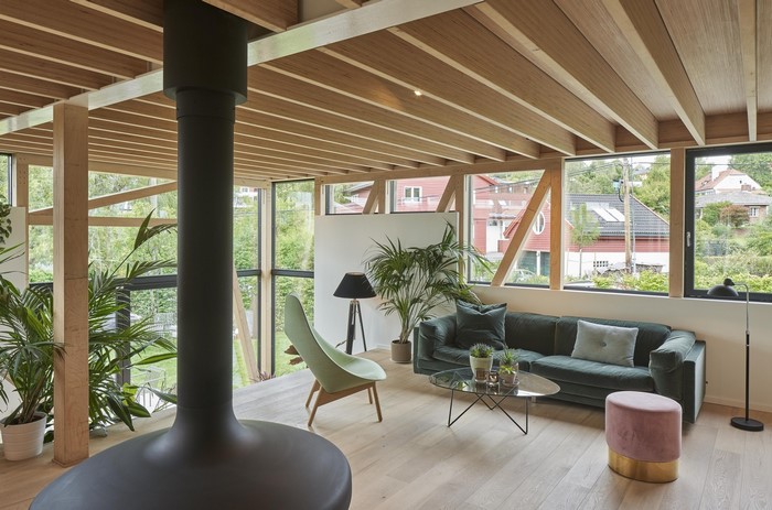 Modern living room with hanging fireplace and plants