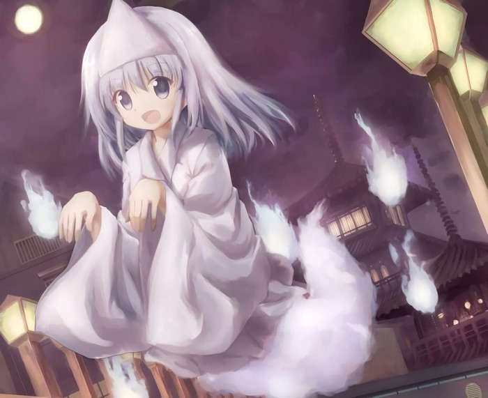 Anime girl in white ghost costume with blue eyes and white hair