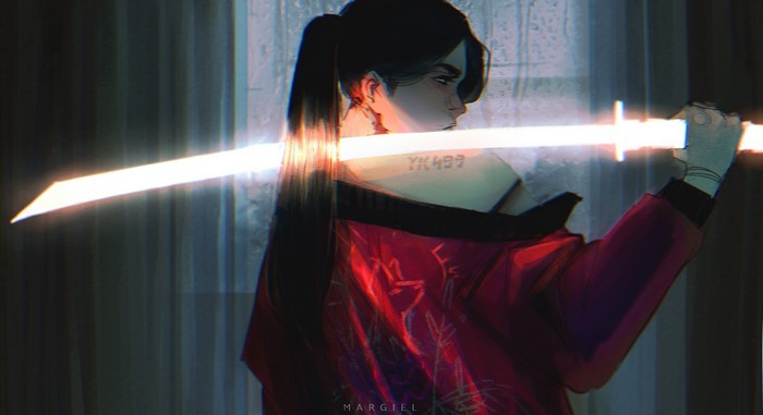 Woman with katana and tattoo