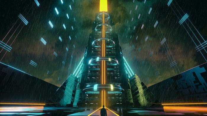 Man in front of a glowing cyberpunk tower in the rain