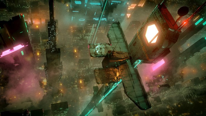 Cyberpunk cityscape with a flying vehicle