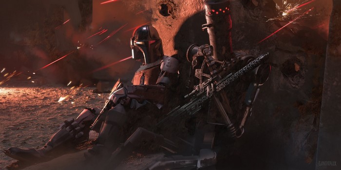 The Mandalorian and IG-11 in Star Wars concept art