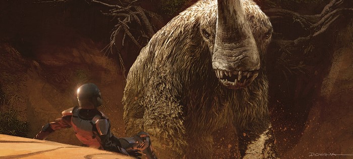 The Mandalorian concept art of creature and bounty hunter