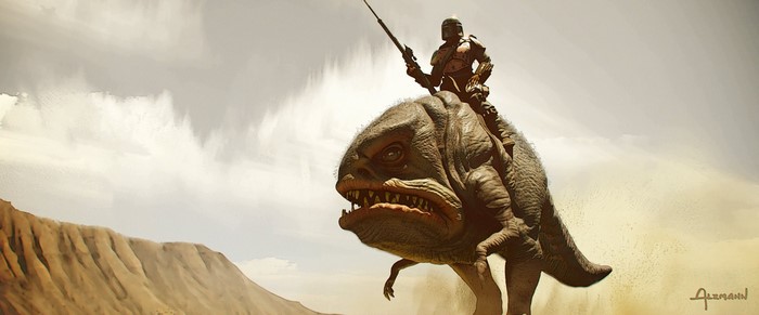 The Mandalorian riding a creature in a desert