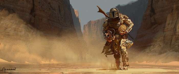 The Mandalorian in a desert canyon