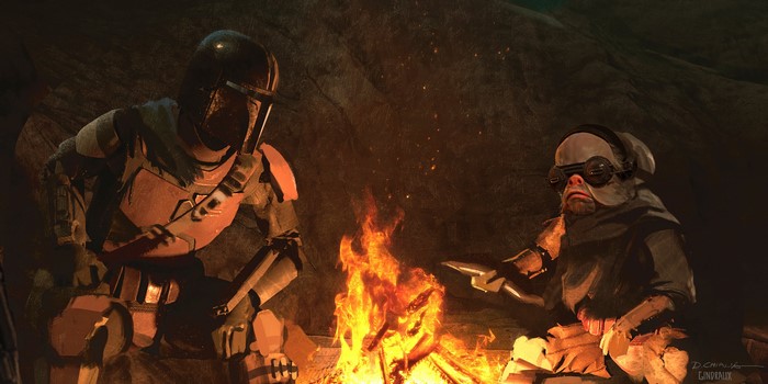 The Mandalorian and Grogu by a campfire