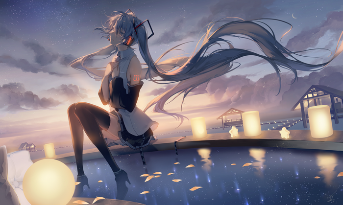 Hatsune Miku sitting by the water at sunset