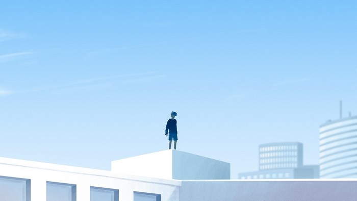 Artwork of a person on a rooftop with city buildings