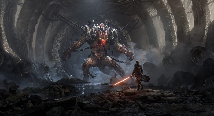 Man with lightsaber confronts a chained monster in a cavern