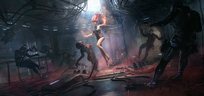 Woman with pink hair levitating in a futuristic room with soldiers