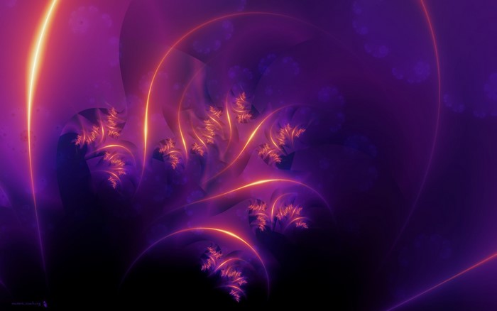 Abstract fractal digital art with purple and orange glowing shapes