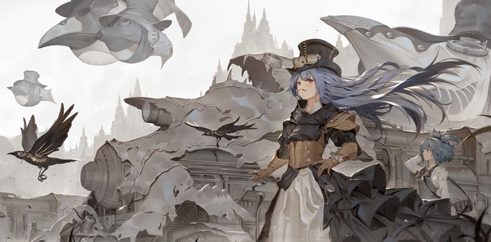 Steampunk anime girls with birds and machines