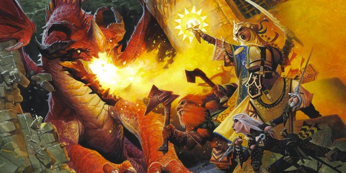 Red Dragon breathing fire on adventurers