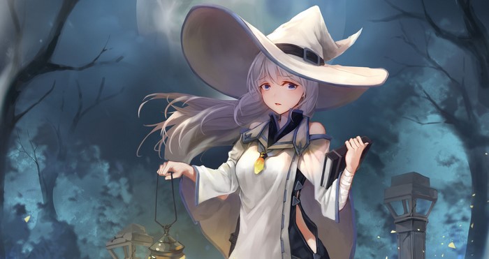 Anime girl with white hair and witch hat holding lantern