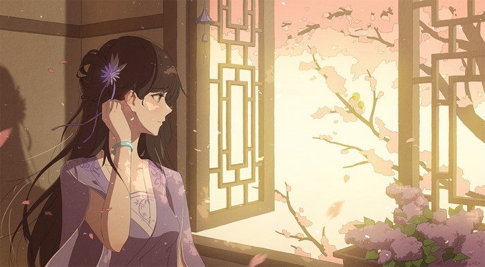 Anime girl in traditional Japanese clothing by a window