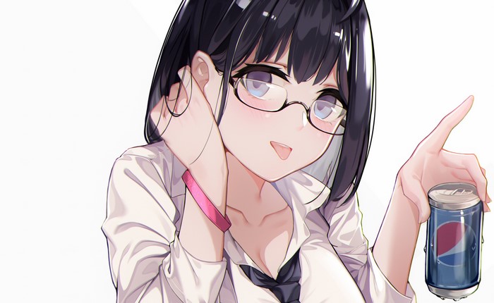 Anime girl with glasses holding a Pepsi can