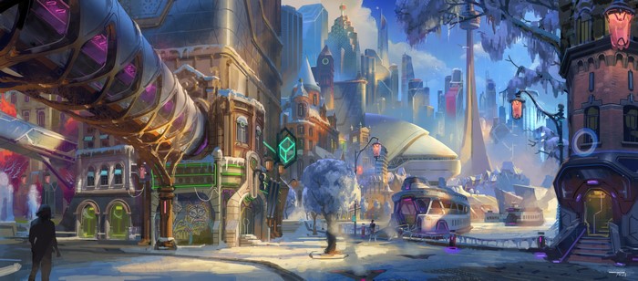 Overwatch 2 concept art of a snowy city street