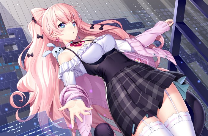 Anime girl with pink hair and blue eyes
