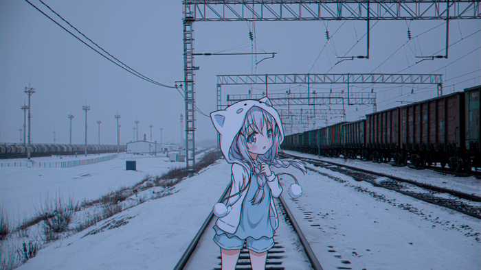 Anime girl in winter on a snowy railway