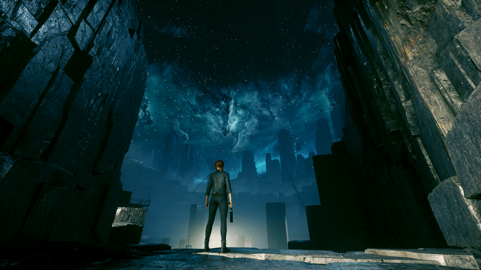 Jesse Faden from Control in a surreal cityscape