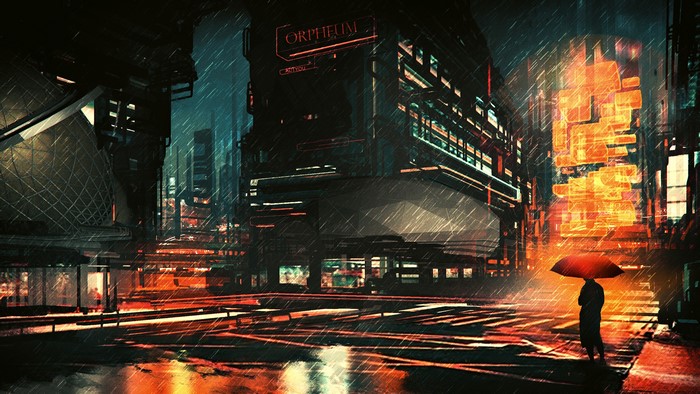 Cyberpunk Cityscape at Night with Rain and Umbrella