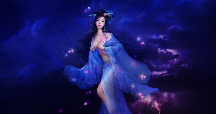 Fantasy Asian woman in blue dress with flowers