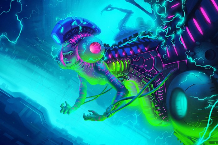 Cyberpunk woman with robotic enhancements in neon environment