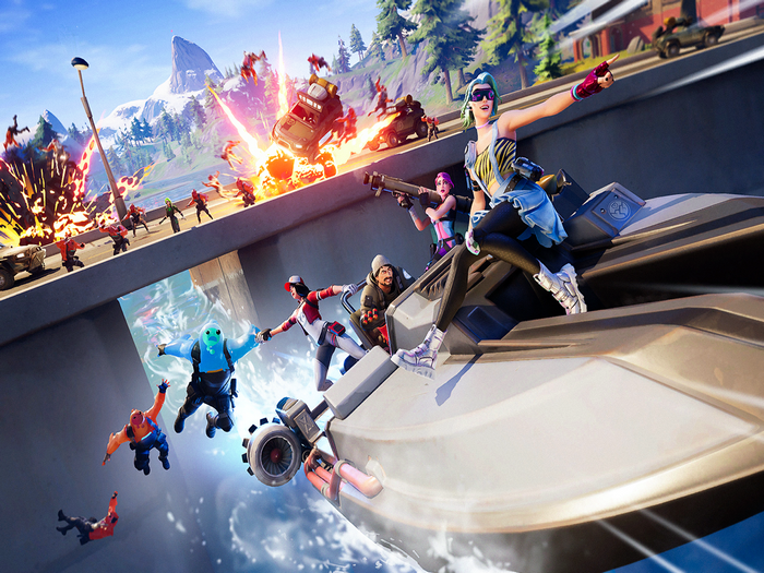 Fortnite characters in a chaotic battle scene